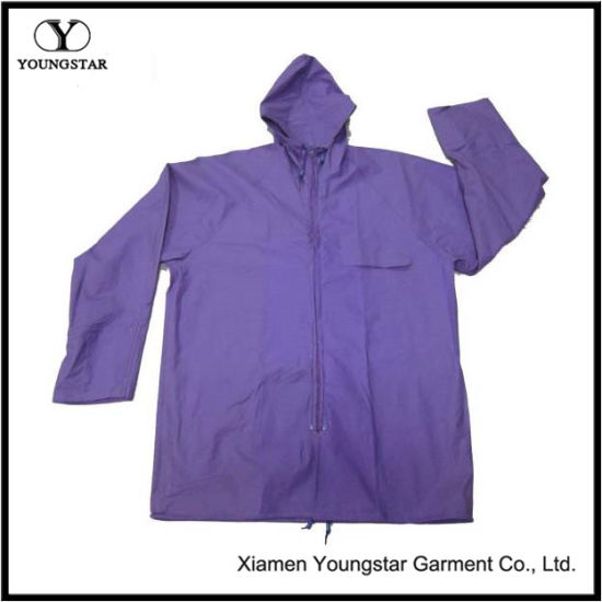 Wholesale Purple Color Women′s PVC Raincoat with Hood